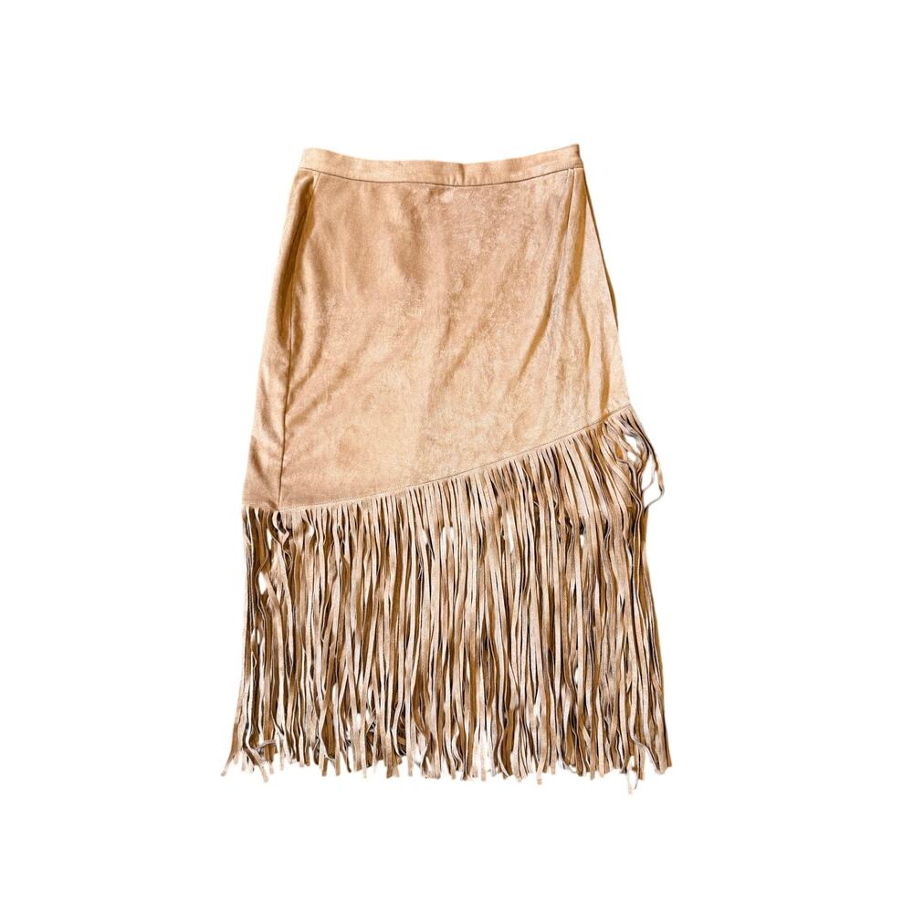 Boston Proper Brown Tan Faux Suede Fringe Midi Skirt